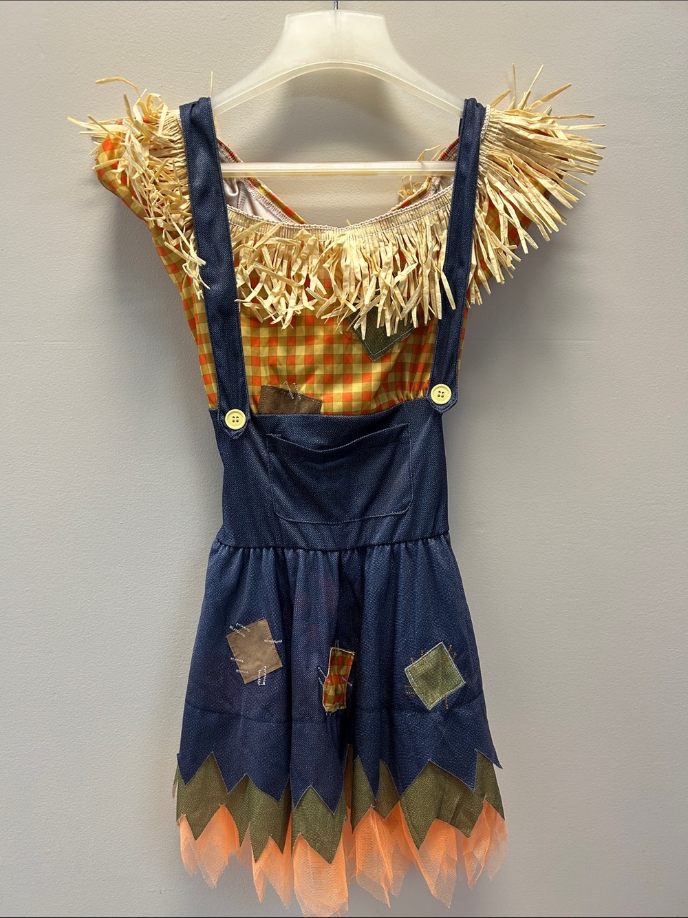 Women’s Scarecrow Costume Dress with Orange Plaid Top and Patchwork Overall Skir